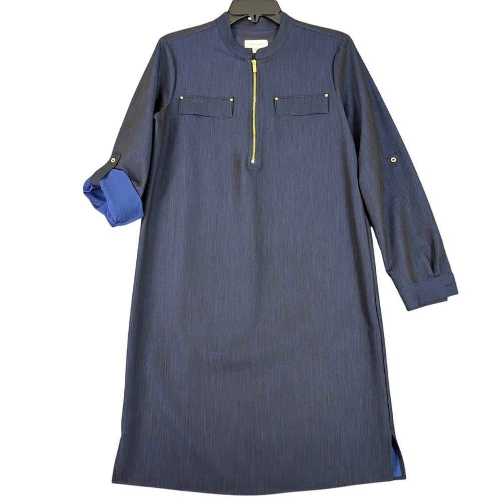 Calvin Klein Roll Sleeve‎ Shift Dress Navy Blue Gold Zip Front Pockets 6 Womens